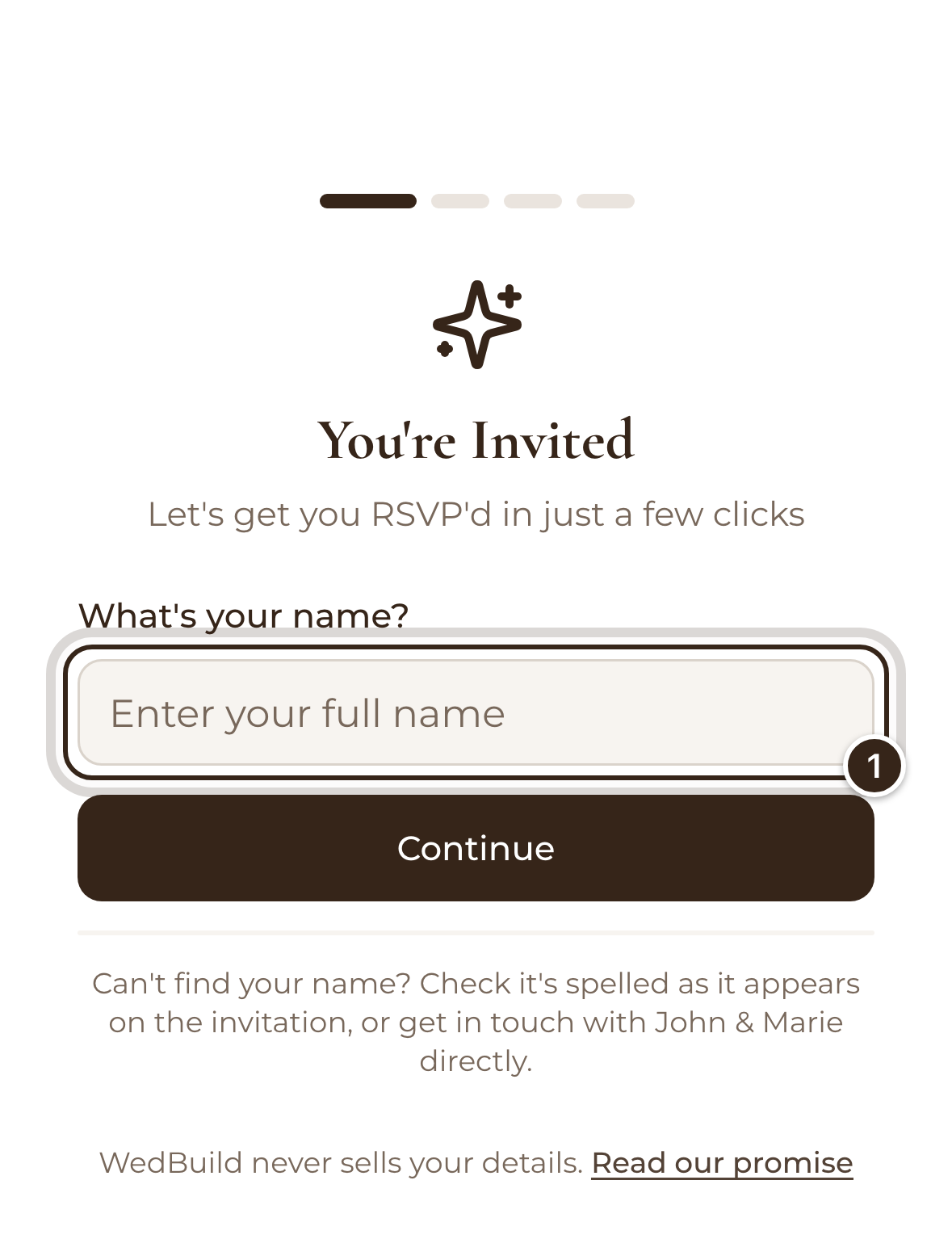 The RSVP form on a phone, asking What's your name?, with the name box marked