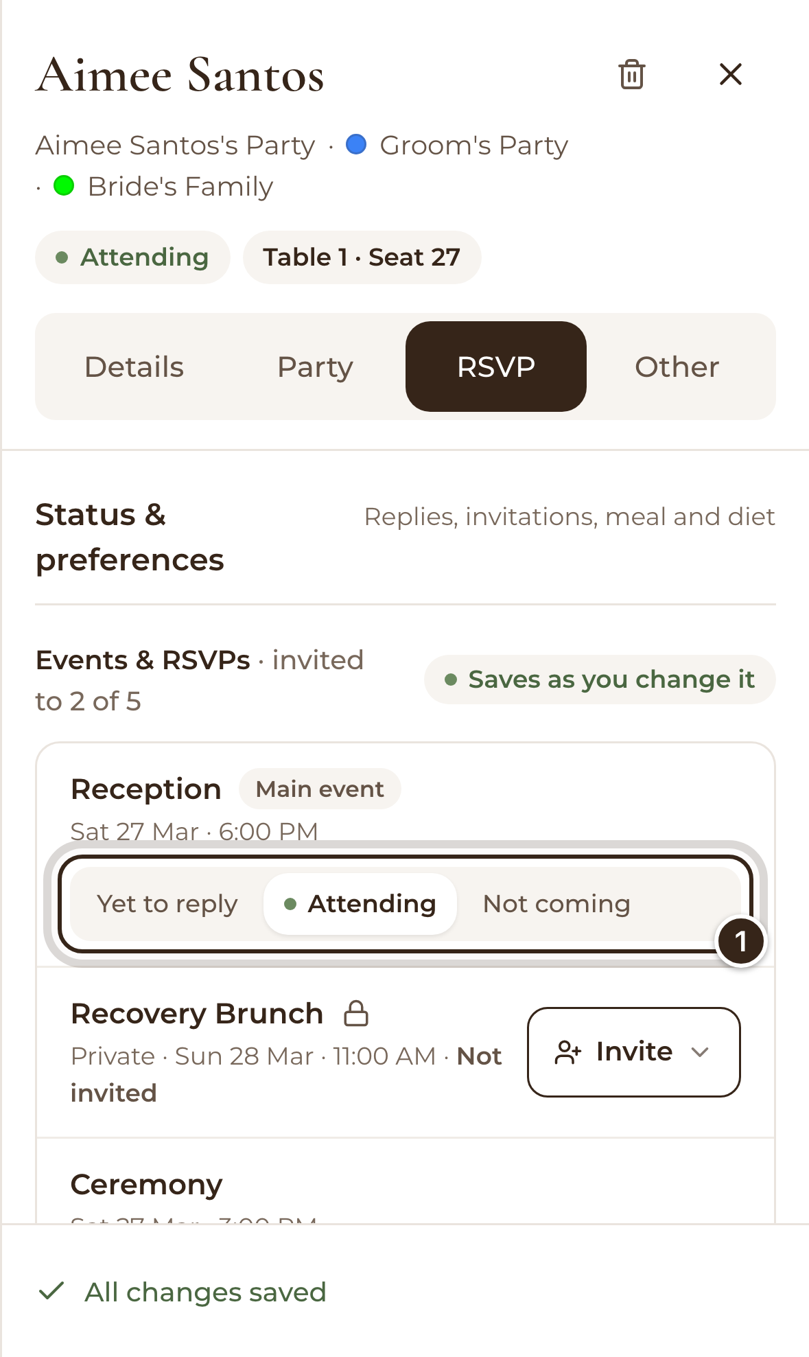 A guest's RSVP tab on a phone with the Reception reply marked