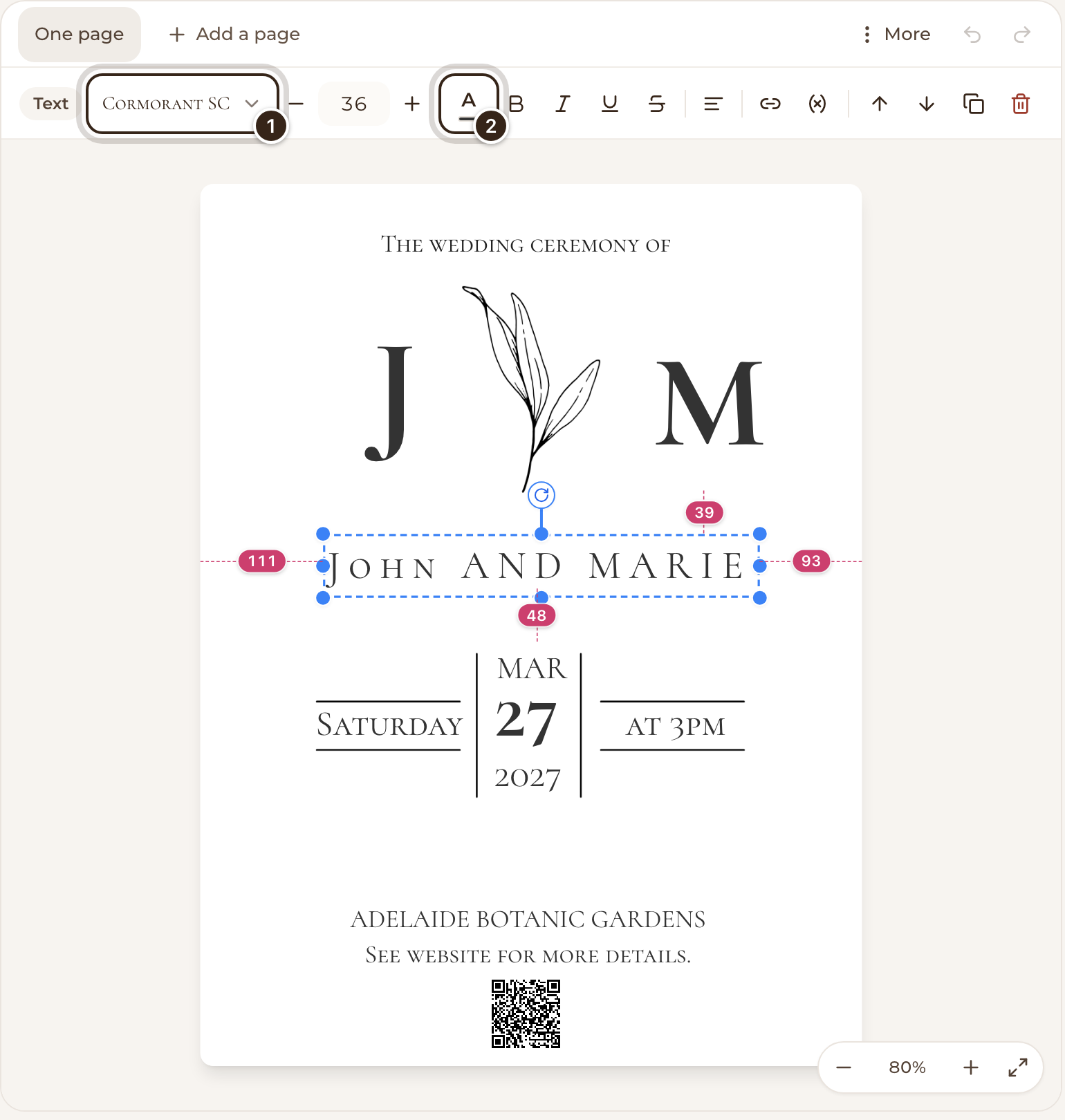 Words selected on a card, with the font and text colour in the toolbar marked