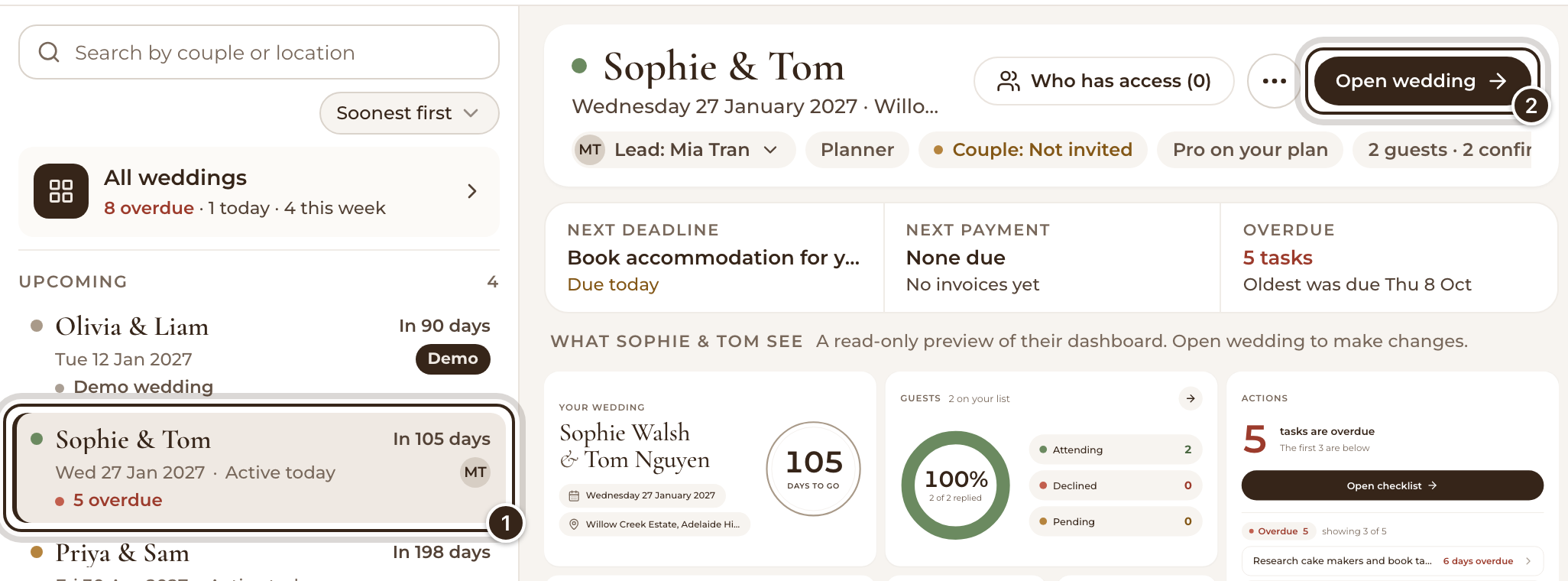 The Weddings page with Sophie & Tom chosen in the list and Open wedding marked