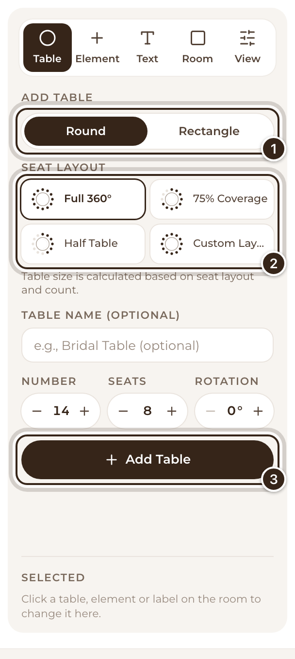 The Table tool with Round or Rectangle, the seat layouts and the Add Table button marked