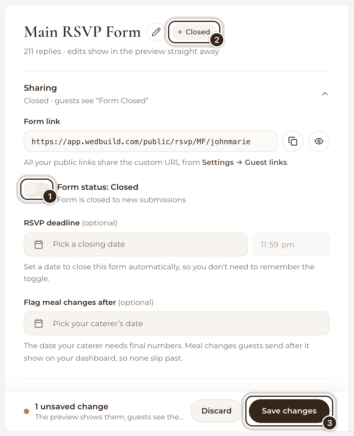 The Sharing section with Form status switched off, the Closed label and Save changes marked