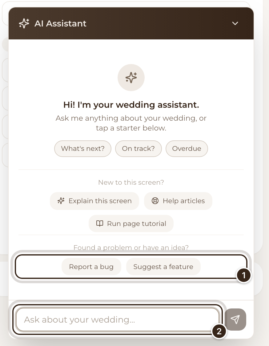 The empty chat, with Report a bug and Suggest a feature, and the message box marked