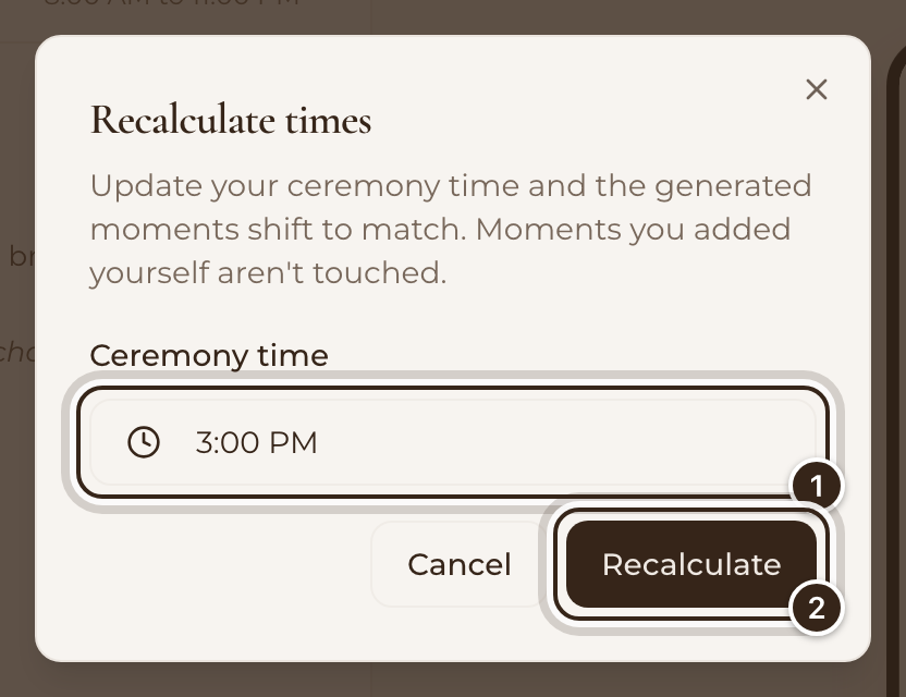 The Recalculate times window with the ceremony time and the Recalculate button marked