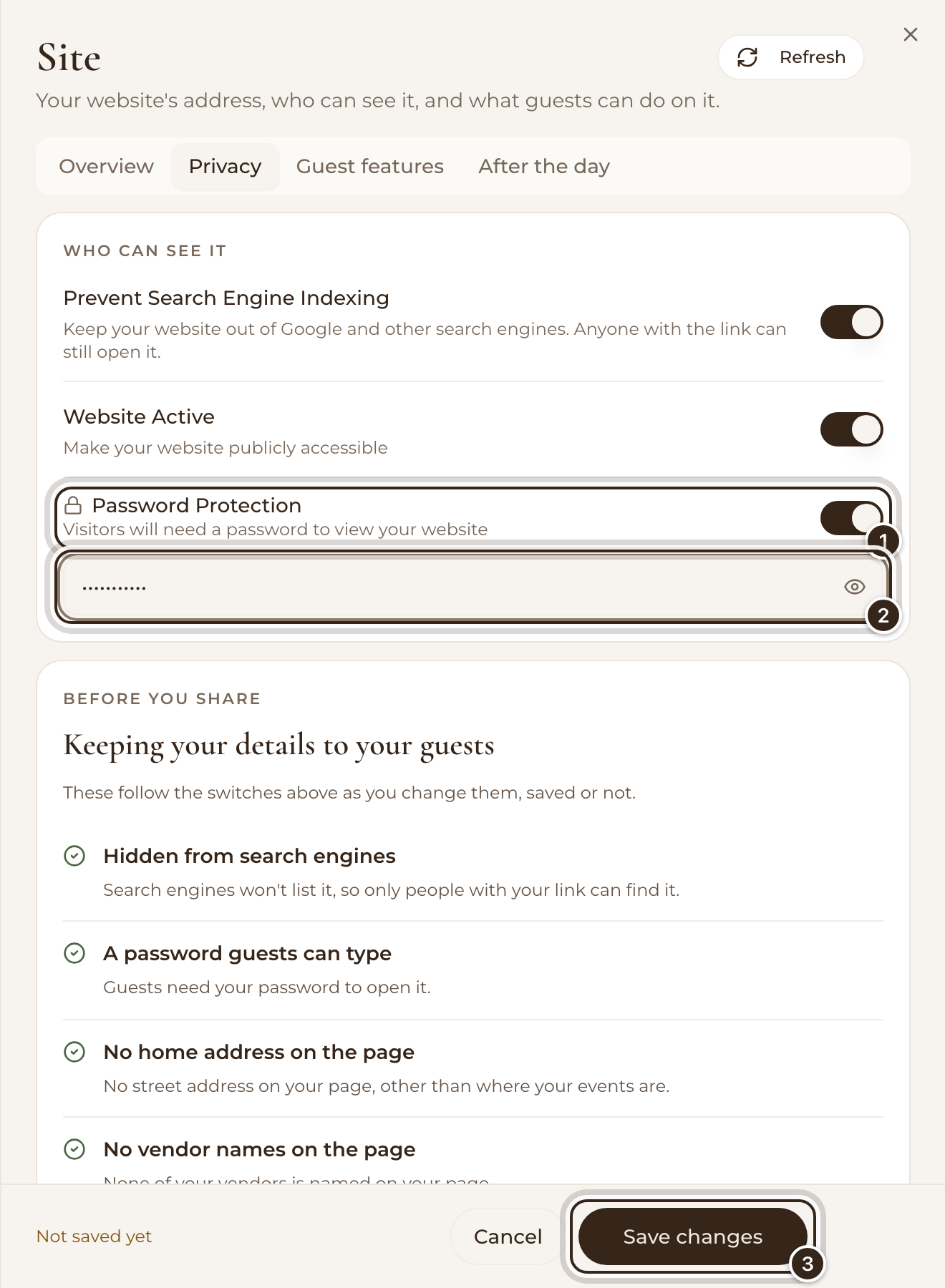 Site's Privacy tab with Password Protection switched on, a password typed in and Save changes marked