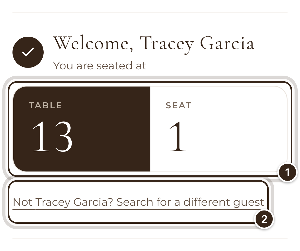 Welcome, Tracey Garcia, with the Table 13, Seat 1 card and the link to search for a different guest marked
