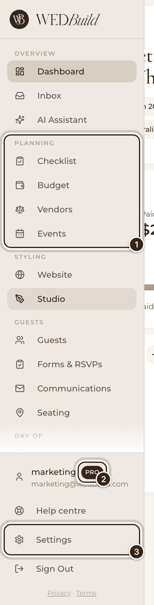 The sidebar opened out, with the Planning section, the plan badge and Settings marked