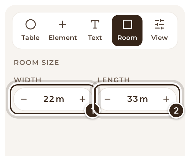 The Room tool with Width set to 22 m and Length to 27 m marked