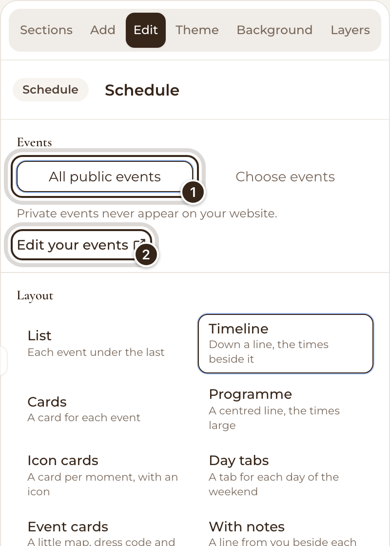 The schedule's settings with All public events and Edit your events marked