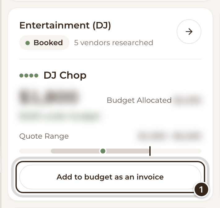 A booked category's card with the vendor's amounts blurred and the Add to budget as an invoice button marked