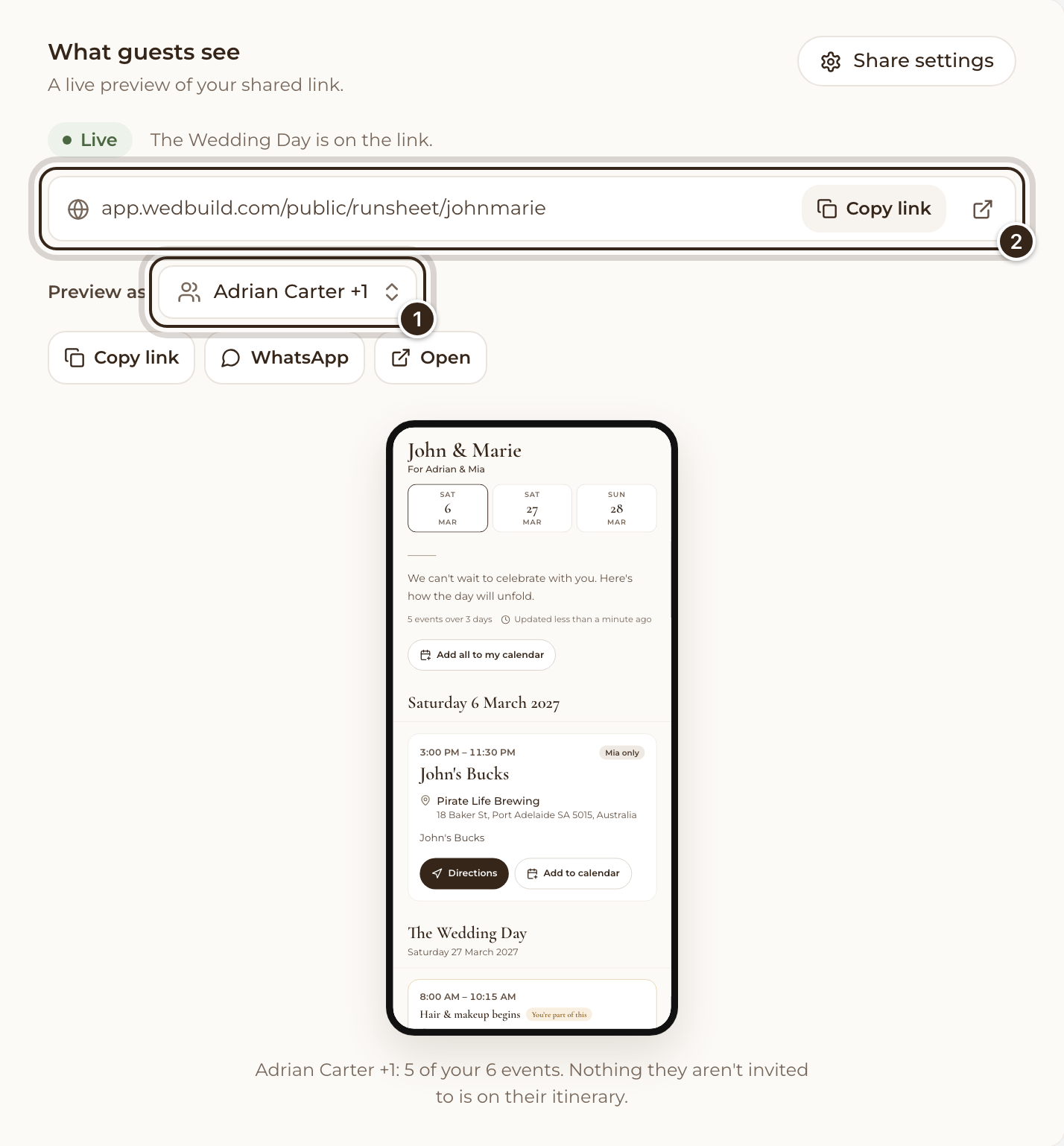The guest preview with Preview as and a guest's Copy link, WhatsApp and Open buttons marked