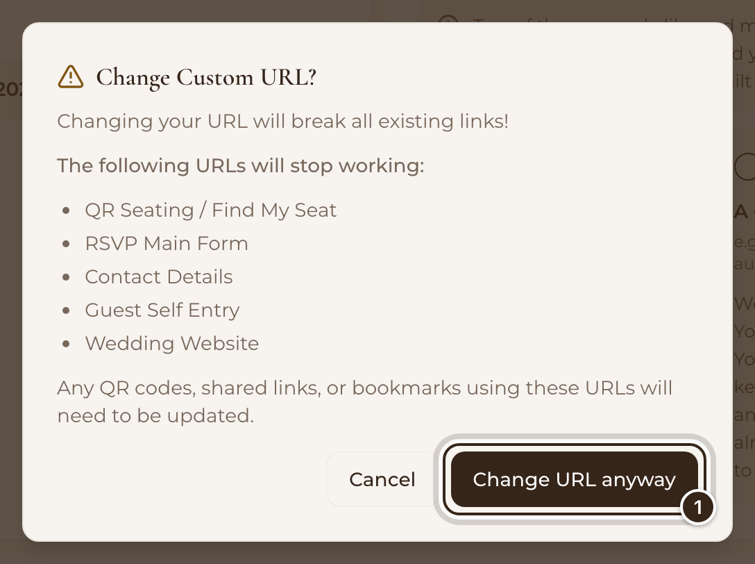 The Change Custom URL? window listing the links that stop working, with Change URL anyway marked