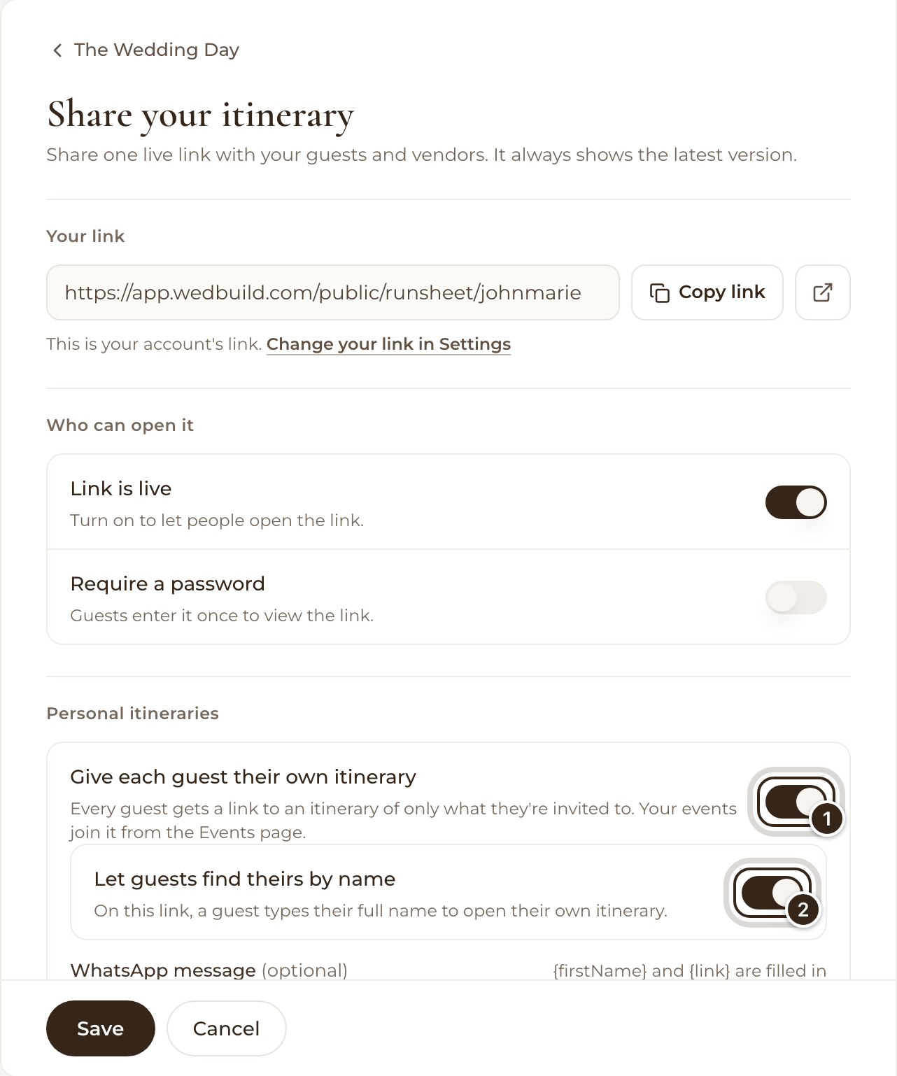 The Personal itineraries settings with Give each guest their own itinerary and Let guests find theirs by name marked