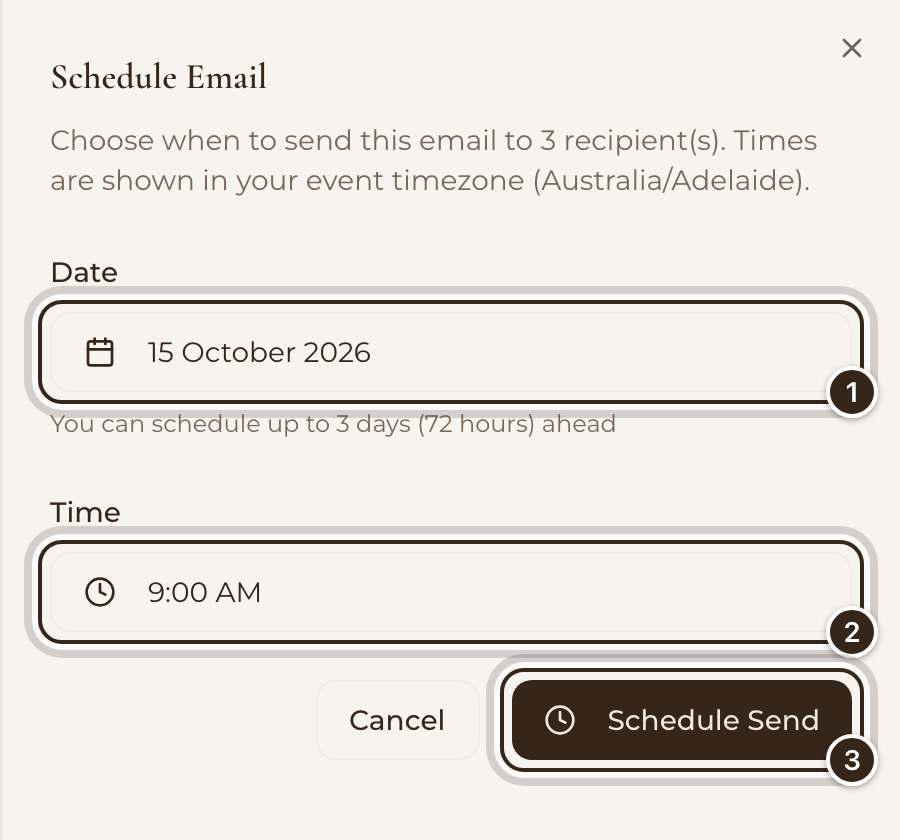The Schedule Email panel with a date, a time and the Schedule Send button marked