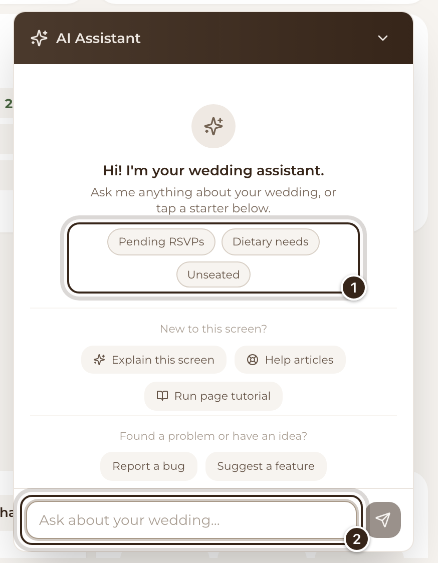 The assistant open on the Guests page, with its starters and the message box marked