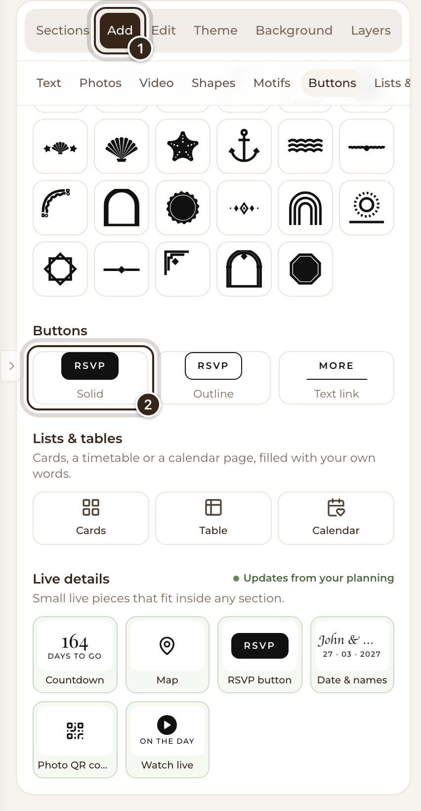 The new website editor's Add tab with the Buttons group, Solid marked