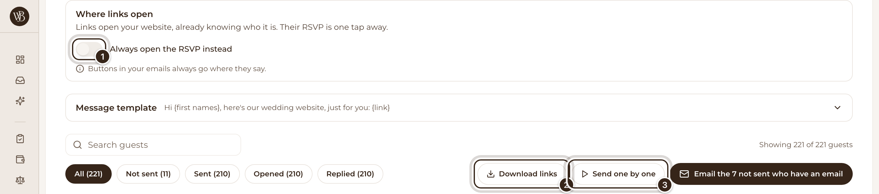 Personal links, with Always open the RSVP instead, Download links and Send one by one marked
