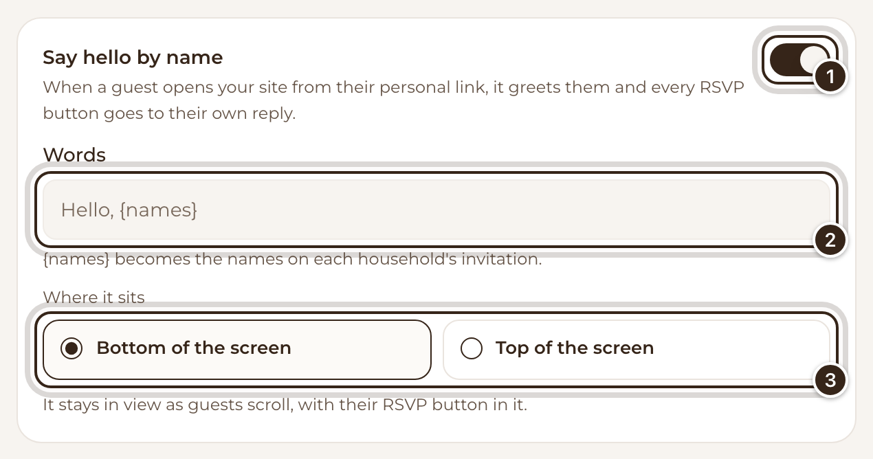 The Say hello by name row in Site, with its switch, Words and Where it sits marked