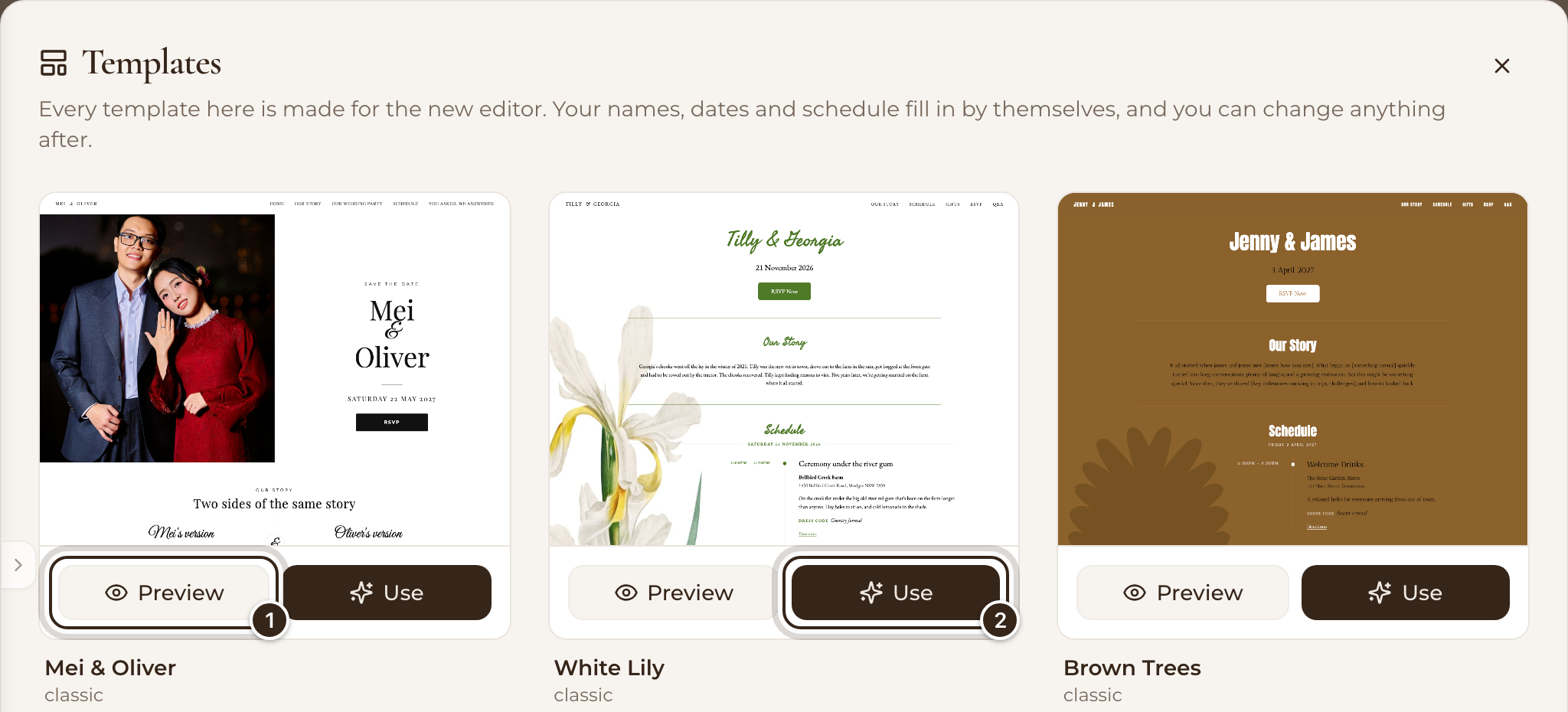 The Templates window, with Preview on the first template and Use on the second marked