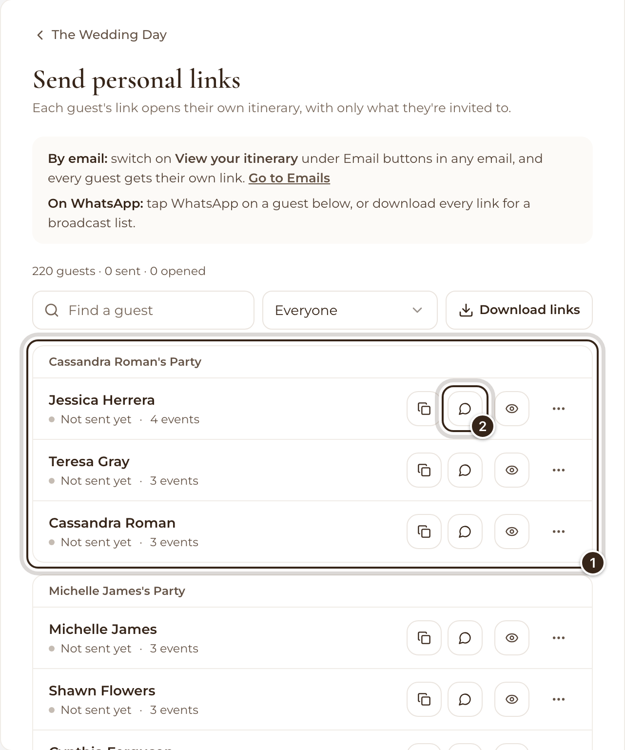 The Send personal links list with a family and its WhatsApp button marked