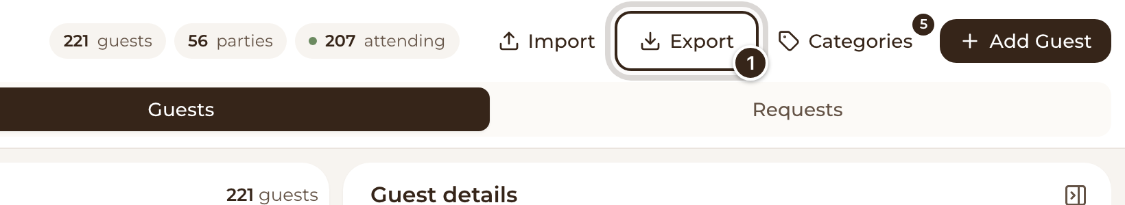 The top of the Guests page with the Export button marked
