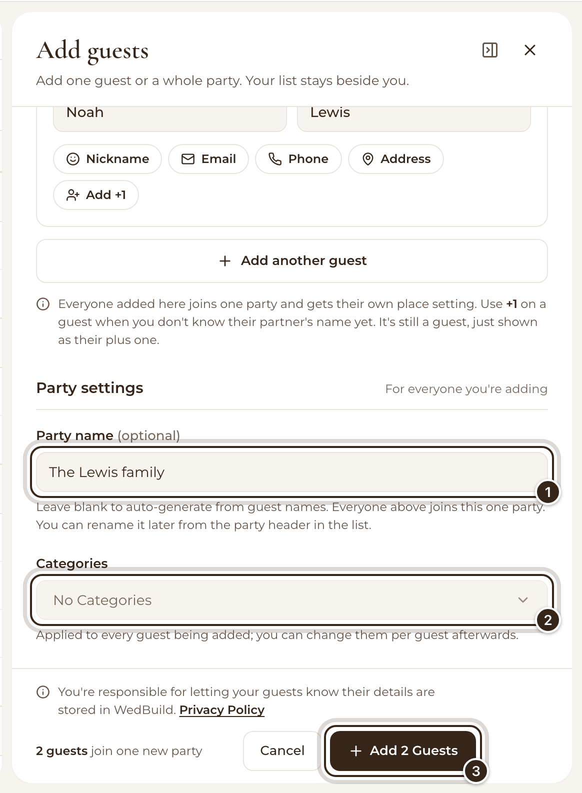 Party settings with a party name typed, and the Categories box and the Add 2 Guests button marked