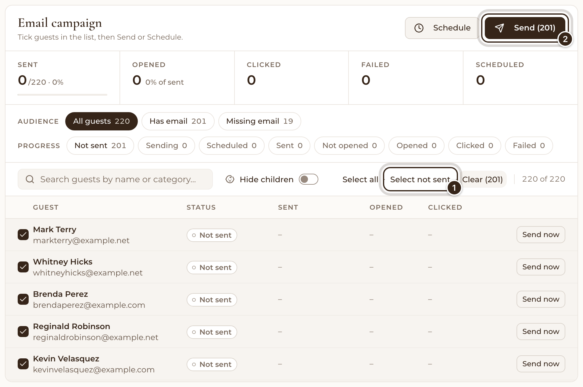 Every guest not yet sent ticked, with Select not sent and the Send button's count marked