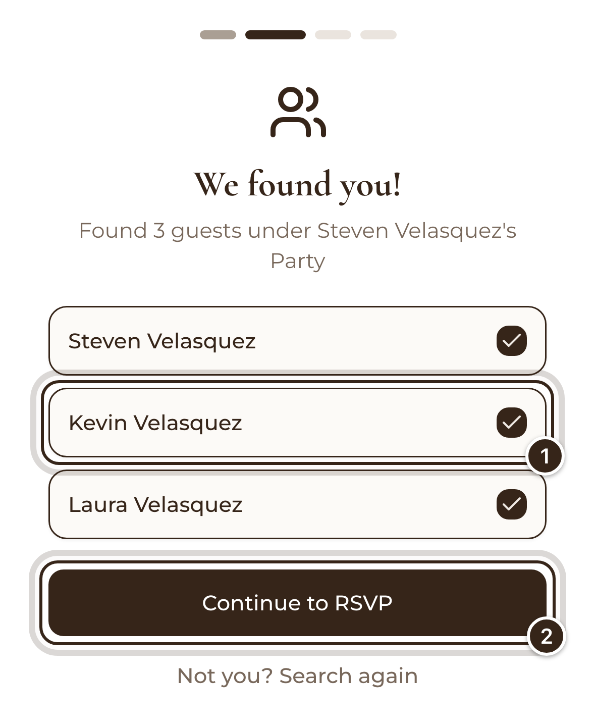 The We found you! screen listing a party of three, with one person's tick and the Continue to RSVP button marked
