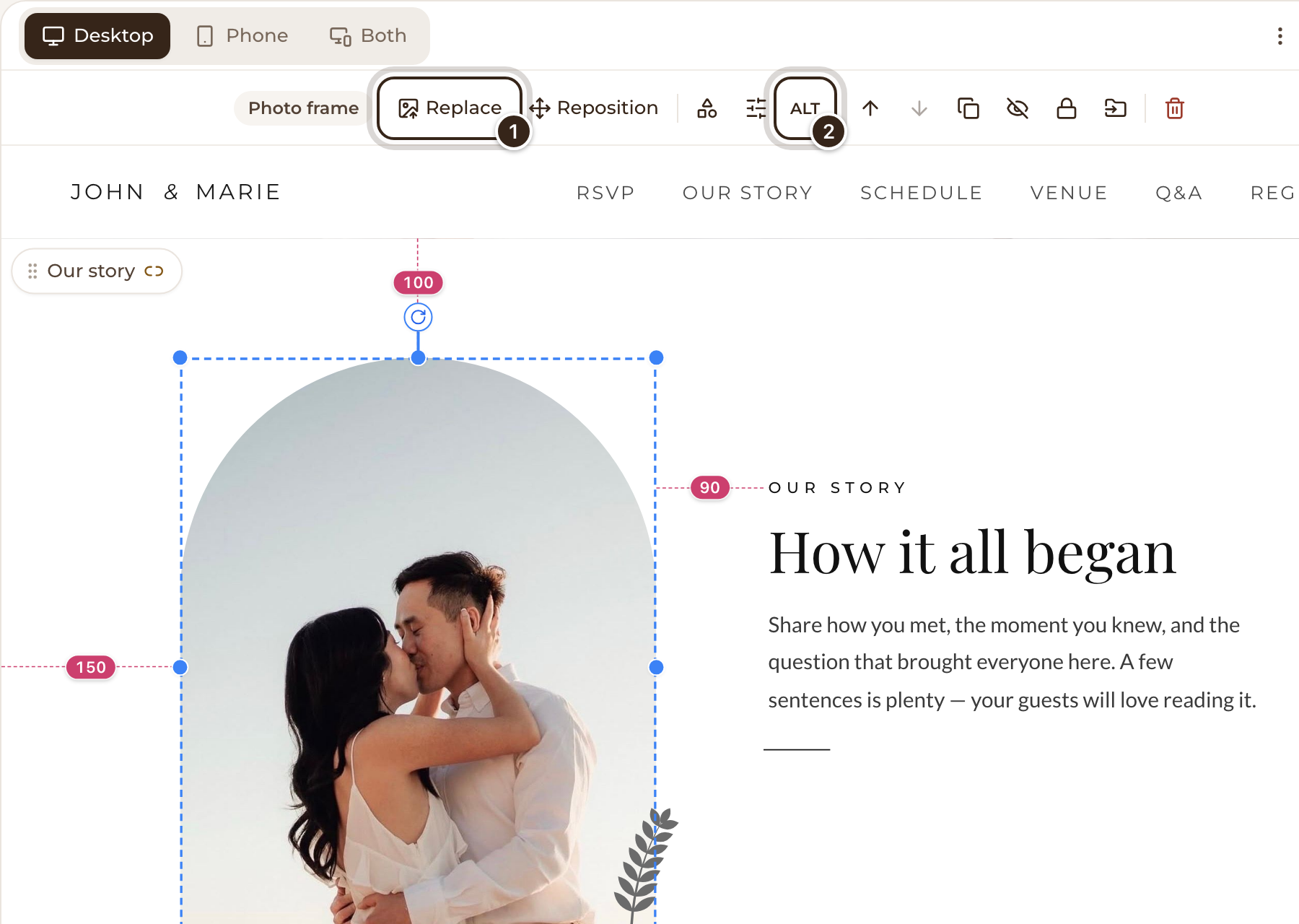 A photo selected, with the Replace and ALT buttons marked in the bar above the page