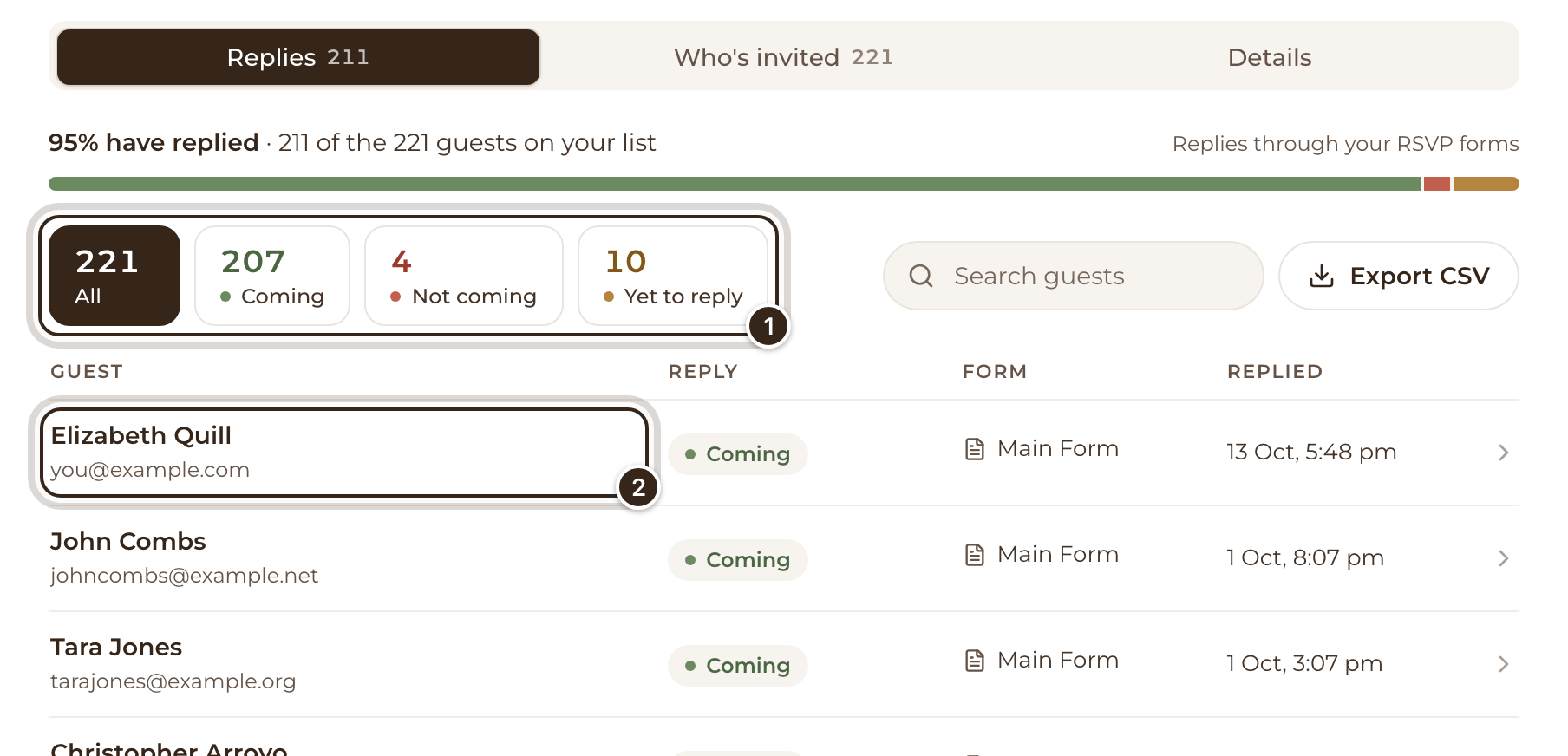 An event's Replies tab with the reply filters and a guest's row marked