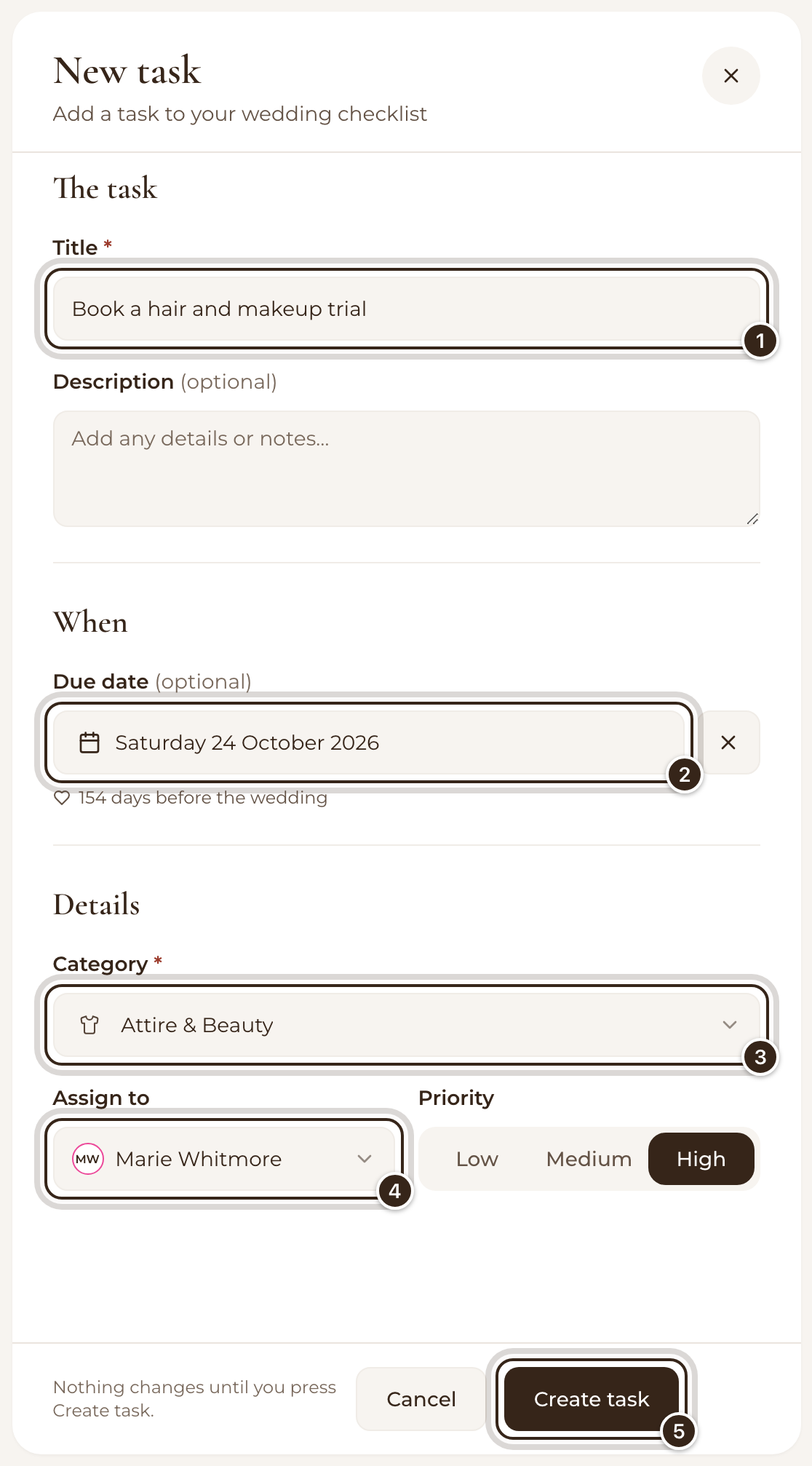The New task form with a title, due date, category and assignee filled in, and Create task marked