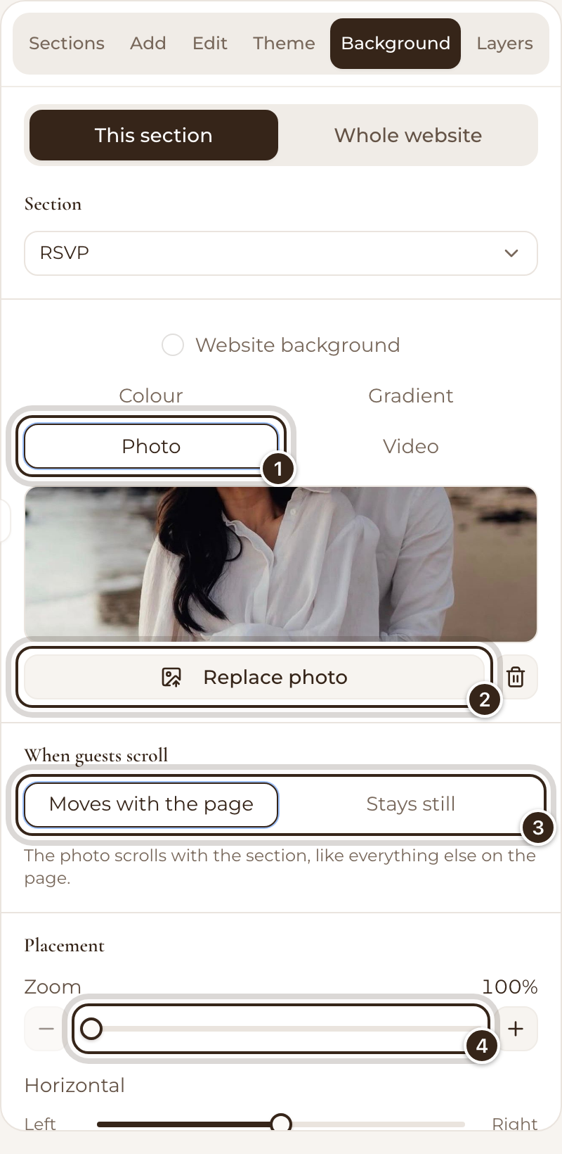 The Background tab for a section, with Photo, Replace photo, When guests scroll and Zoom marked
