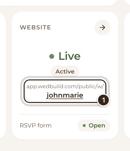 The dashboard's Website card showing Live, with the website address marked