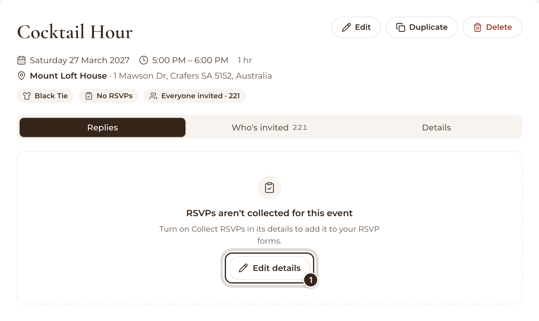 An event's Replies tab saying RSVPs aren't collected for this event, with Edit details marked
