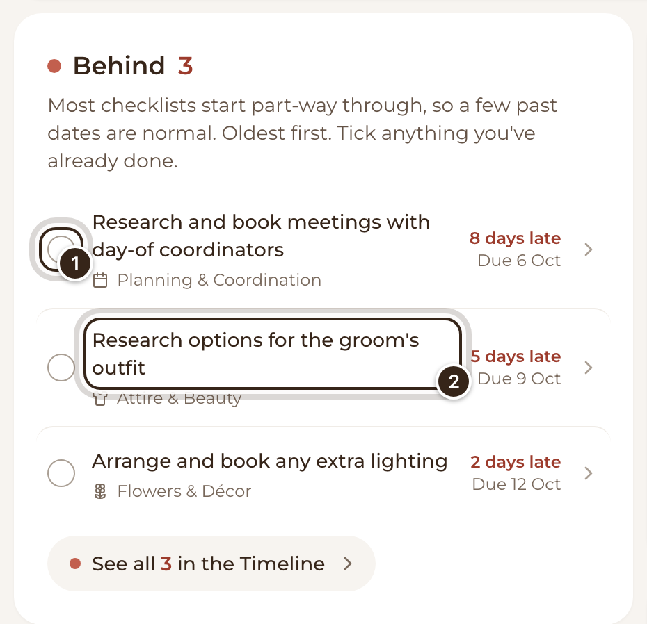 The Behind card with two overdue tasks, the first one's tick circle and the second one's name marked