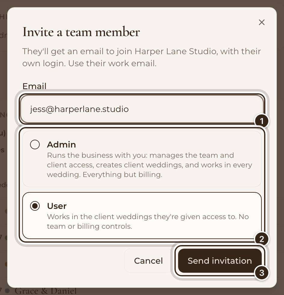 The Invite a team member window with an email typed in, the Admin and User roles, and Send invitation marked