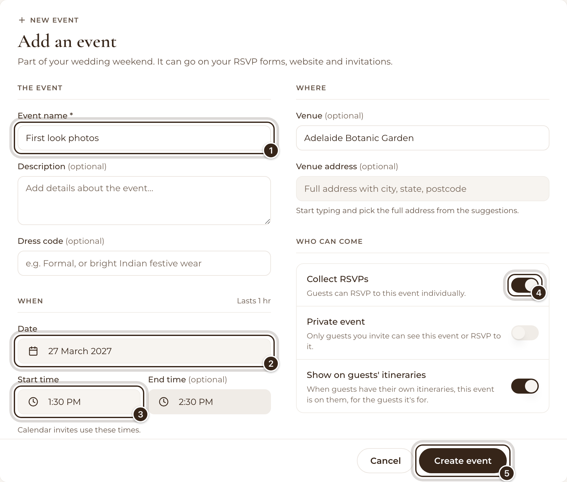 The Add an event form filled in for First look photos, with Event name, Date, Start time, Collect RSVPs and Create event marked