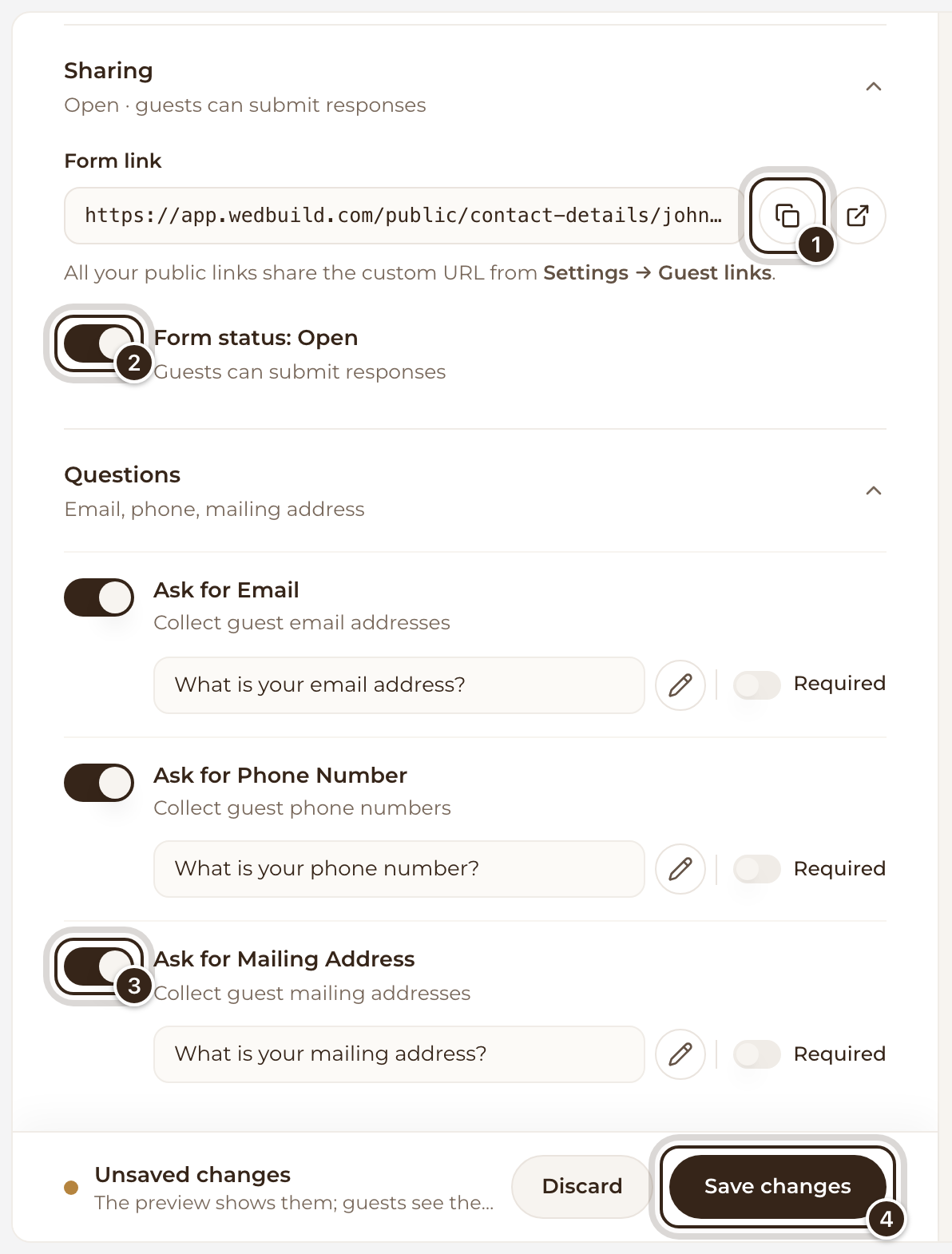 The Contact Details form switched on, with Copy link, the Form status switch, the mailing address question and Save changes marked