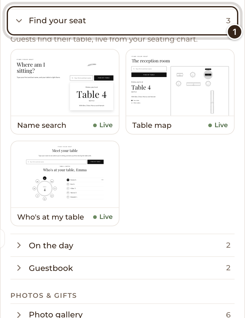 The Find your seat designs in the Sections tab, each marked Live