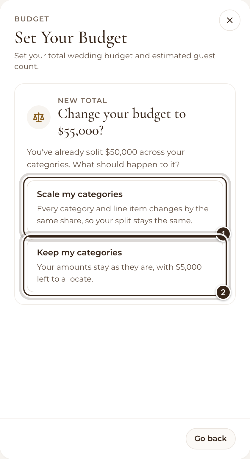 Set Your Budget asking what should happen to the amounts already split across the categories, with Scale my categories and Keep my categories marked