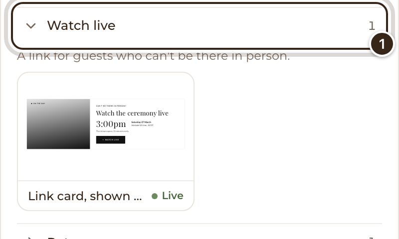 The Watch live section's design in the Sections tab, with Watch live marked