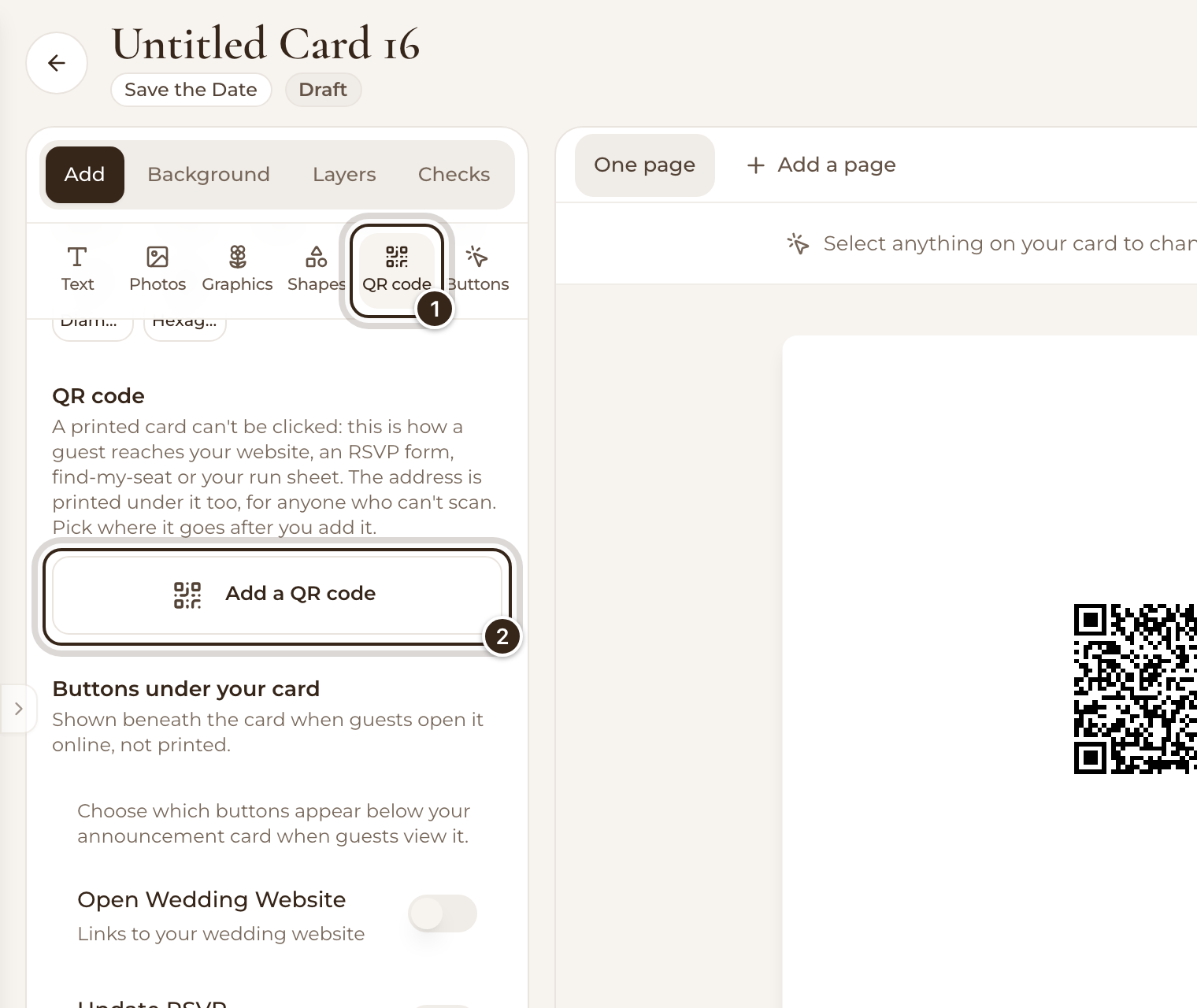 The card editor's Add tab with the QR code shortcut and Add a QR code marked