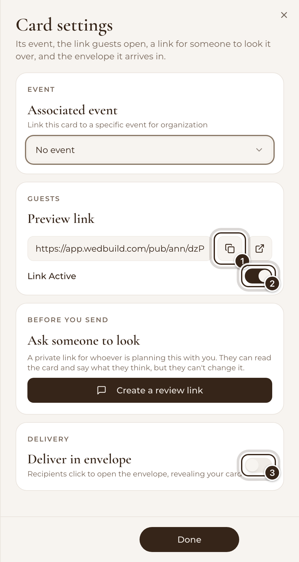 Card settings with the copy button, the Link Active switch and the Deliver in envelope switch marked