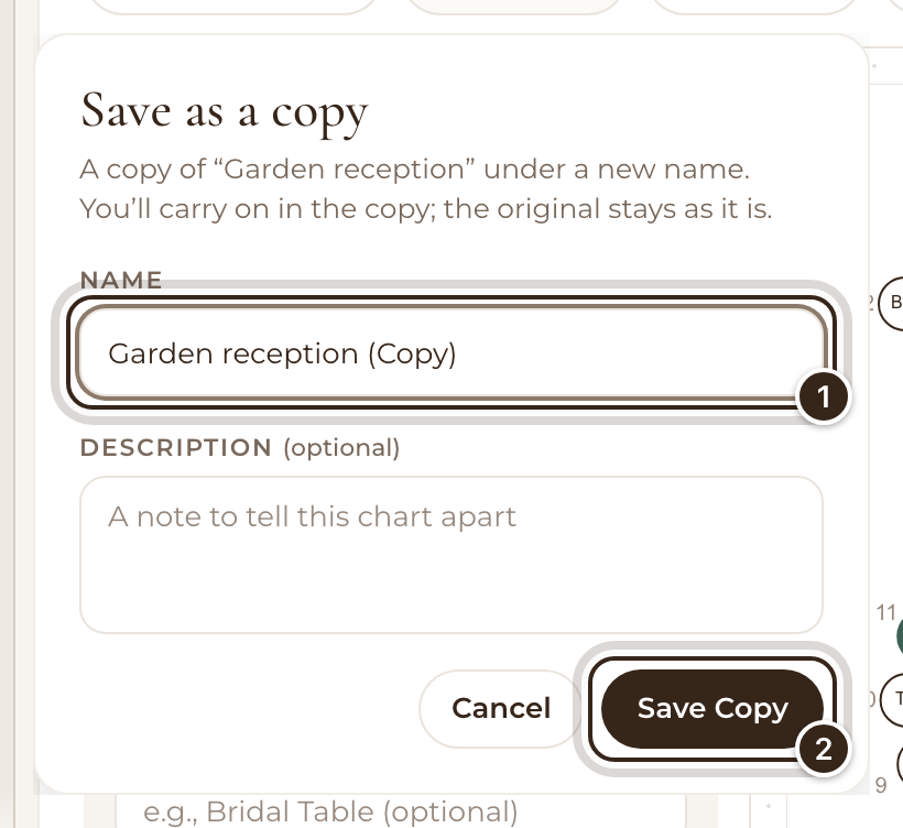 The Save as a copy panel with the Name box and the Save Copy button marked