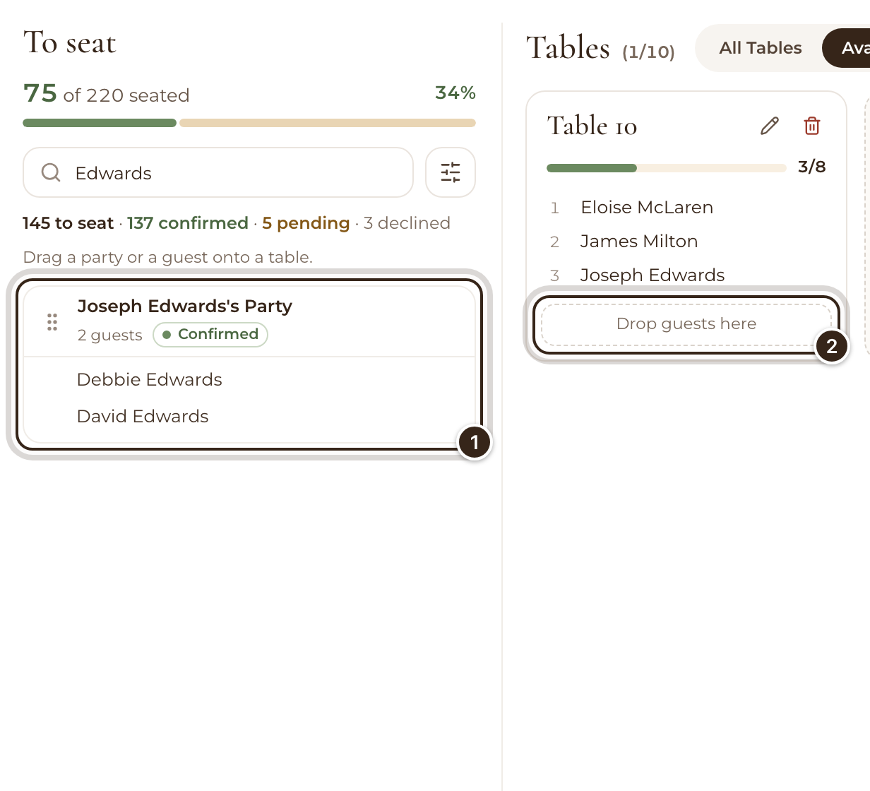 The To seat list with Joseph Edwards's Party marked, and the Drop guests here space on Table 10 marked