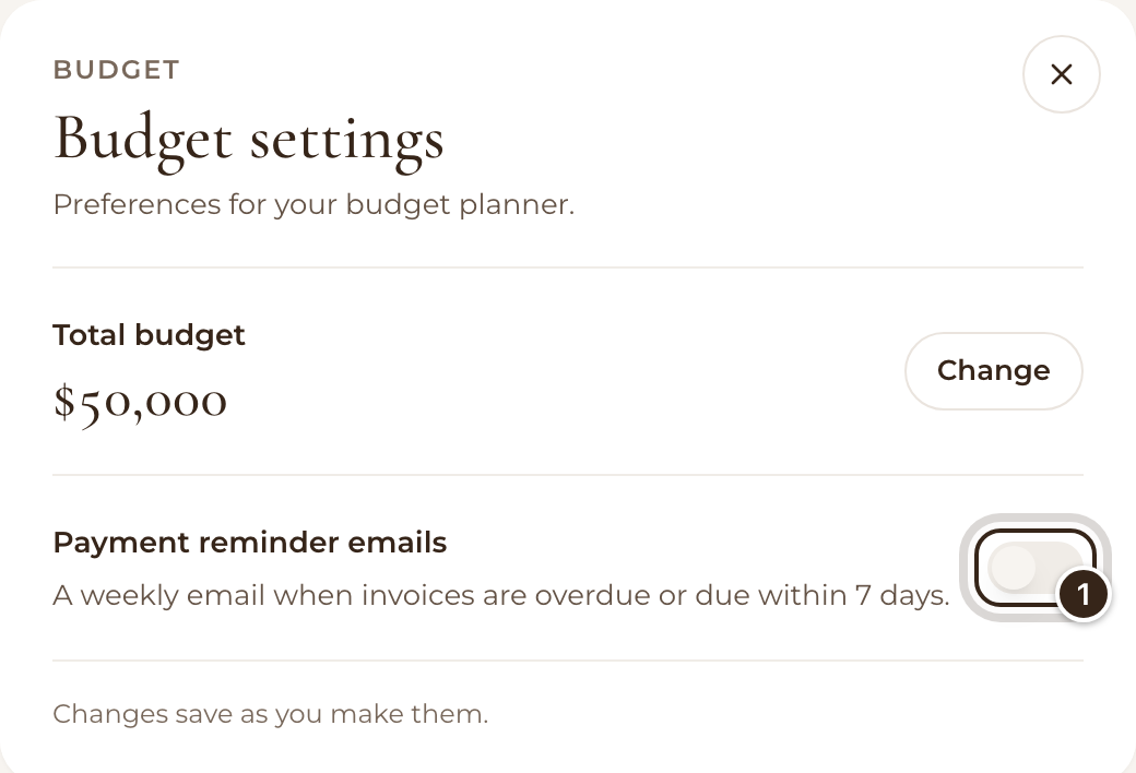 Budget settings with the Payment reminder emails switch marked