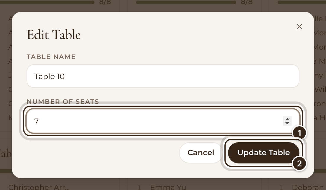 The Edit Table window with Number of Seats lowered from 8 to 7, and the Update Table button marked