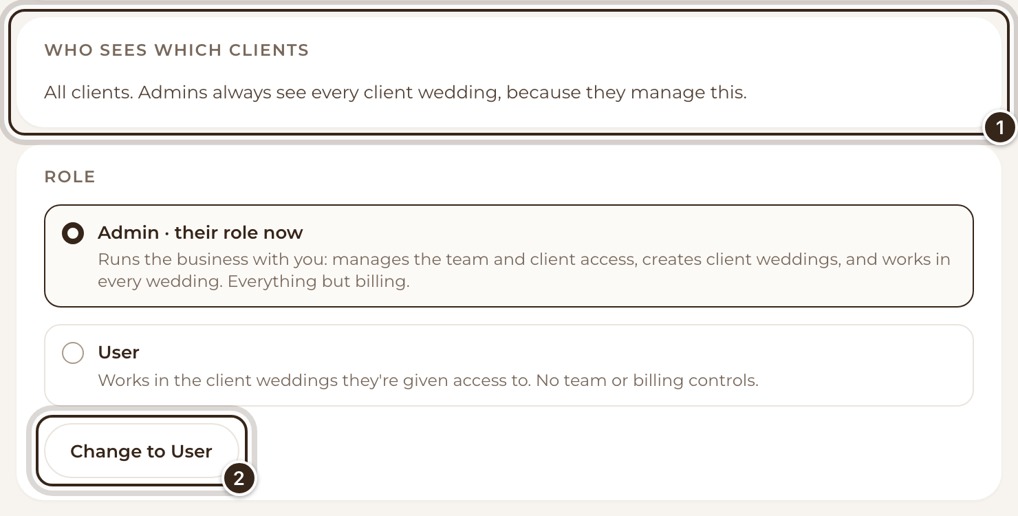 A team member's Who sees which clients card and their Role, with Change to User marked