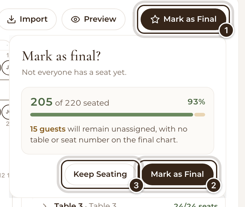 The Mark as final? question showing 205 of 219 seated, with Mark as Final and Keep Seating marked