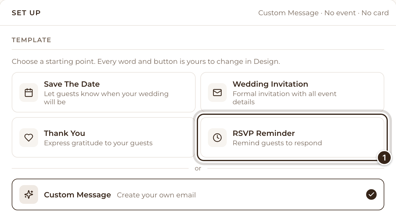 The Set Up tab's templates, with RSVP Reminder marked